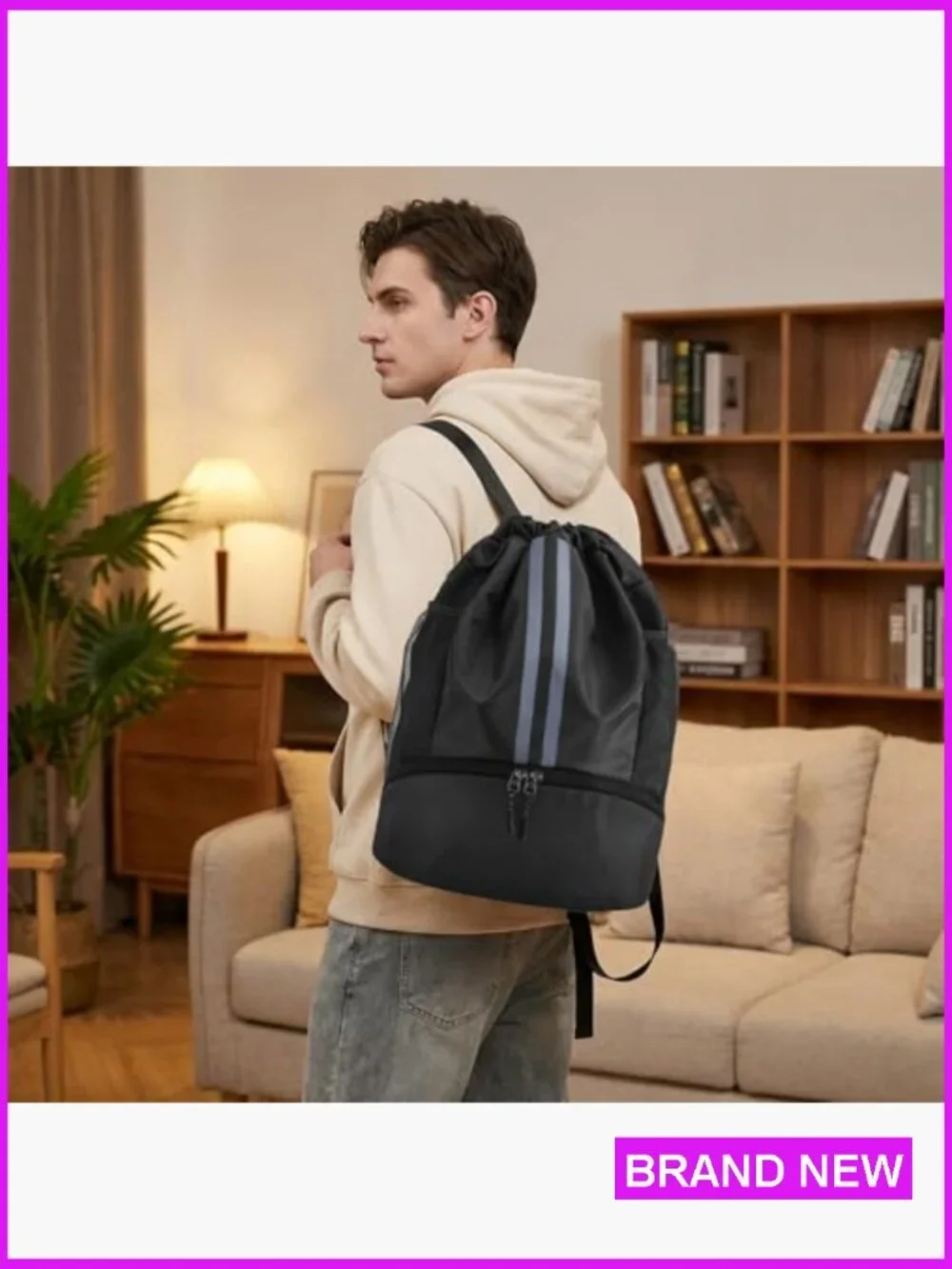 Drawstring Backpack with Shoe Compartment Water Resistant Gym Bag Sports String